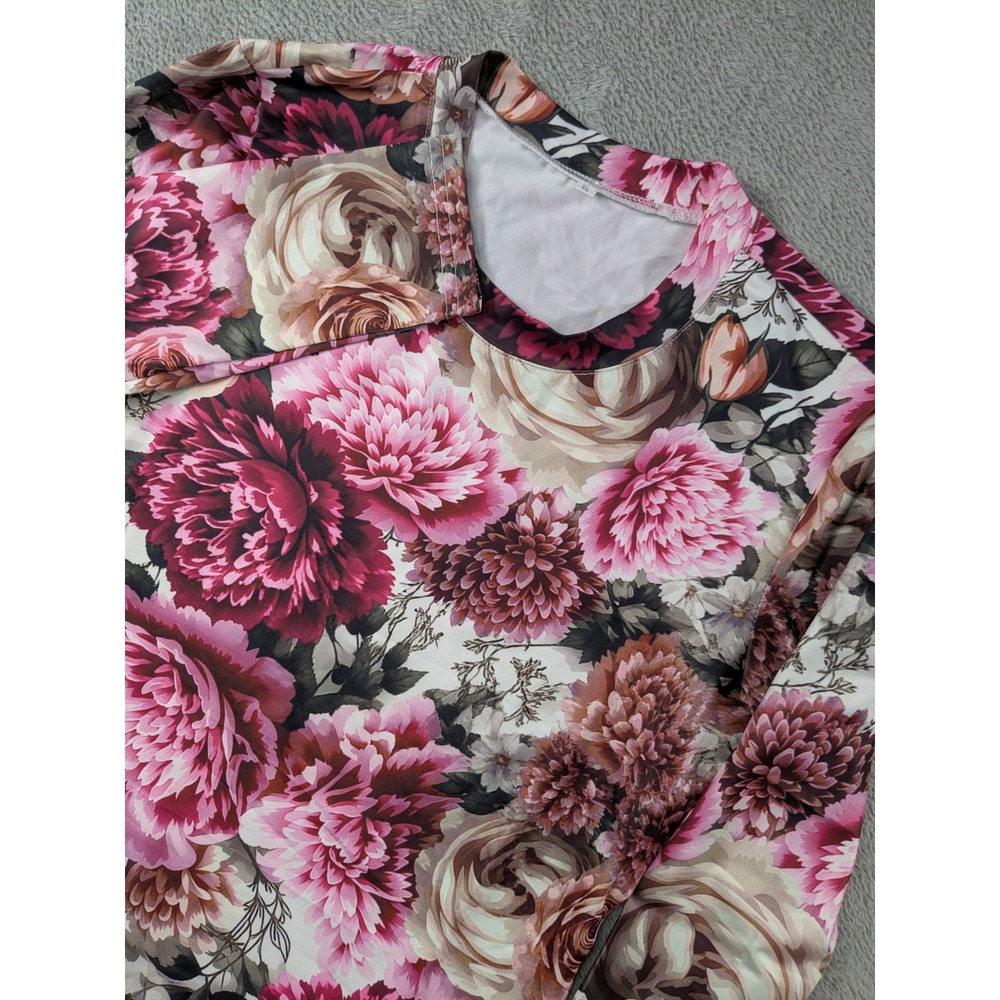 Womens Floral Long Sleeve Top Pink Burgundy Peony Print Crew Neck Shirt Size S